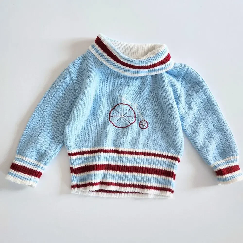 Vintage 1960s Doe Spun Toddler Sweater Blue w/ Penny Farthing Embroidery Size 2T